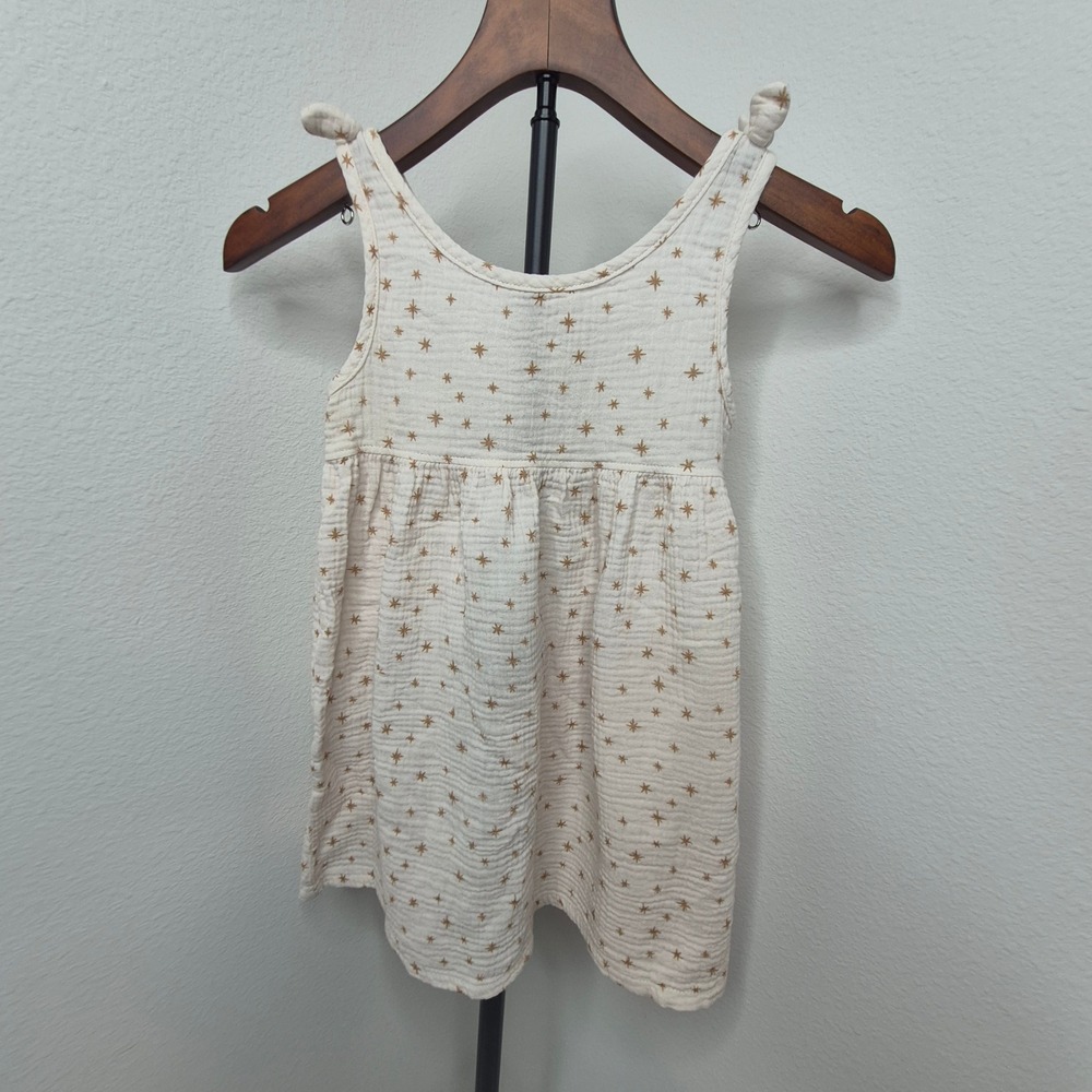 Rabbit + Bear Organic Kids Cream Gold Star‎ Print Cotton Gauze Dress Size 6